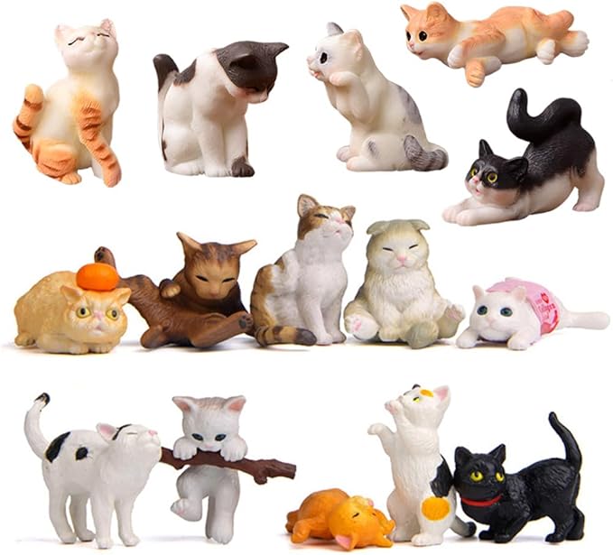 15 Pcs Cute Cat Animal Characters Toy Figure, Mniature Cat Collection Figurines Payset Mini Garden Decor Cake Toppers Automobile Decoration