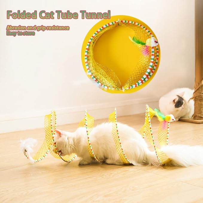 Folded Cat Tunnels for Indoor Cats, Cat Donut Tunnel, Cat Play Tunnels, Folded Cat Tunnel Spring,Cat Toy for Indoor Cats,Cat Toys Interactive for Indoor Cats (Yellow)