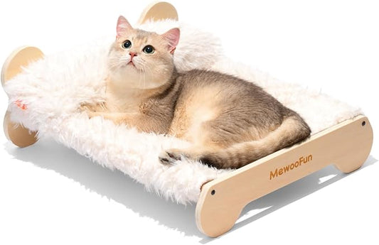 MEWOOFUN Cute Cat Beds for Indoor Cats, 20 X 17.7 in Elevated Cat Bed & Furniture, Wooden Cat Hammock Bed with Pillow, Fluffy Small Cat Bed Washable for Kitty, Plush White