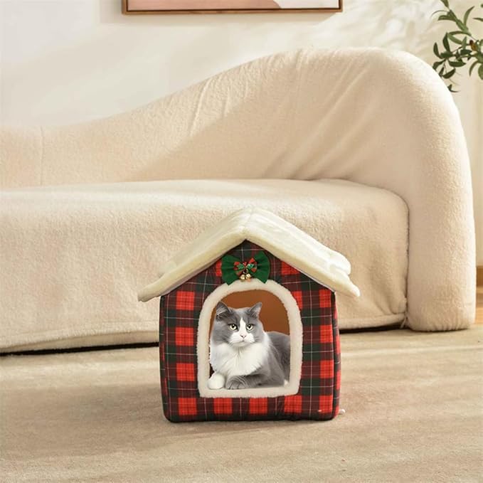 Christmas Cat Bed for Indoor Cats Plaid Christmas Cat Tent Cat Bed Cave for Pets Cats and Dogs (L (20.5 X 17 X 19.7 Inch))