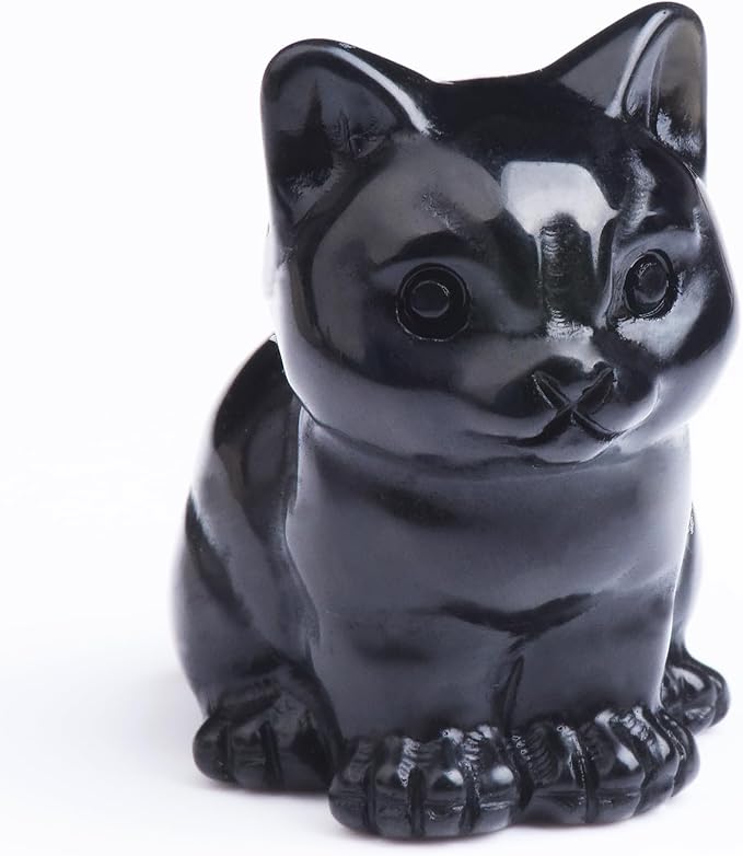 Black Obsidian Cat Crystal Statues, Healing Crystal Kitty Figurine Decorations, Black Cat Gift Lucky Cute Kitten Figurines, Handcrafted Crystal Figurine for Home Décor and Spiritual Protection