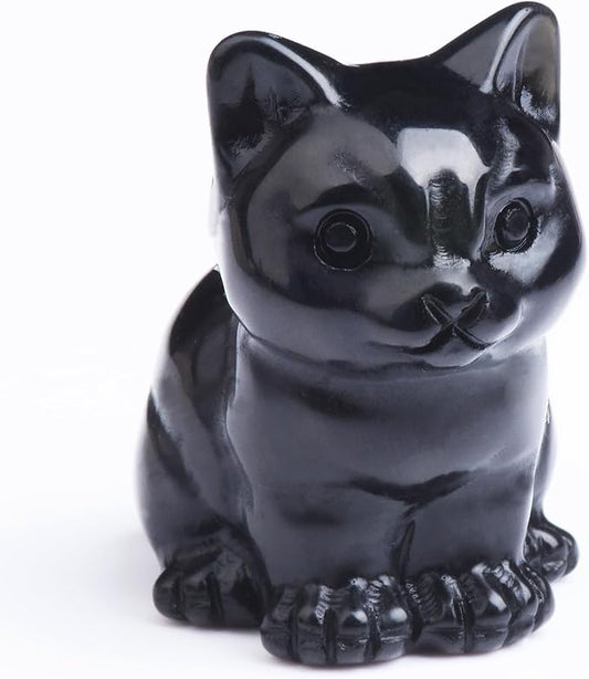 Black Obsidian Cat Crystal Statues, Healing Crystal Kitty Figurine Decorations, Black Cat Gift Lucky Cute Kitten Figurines, Handcrafted Crystal Figurine for Home Décor and Spiritual Protection