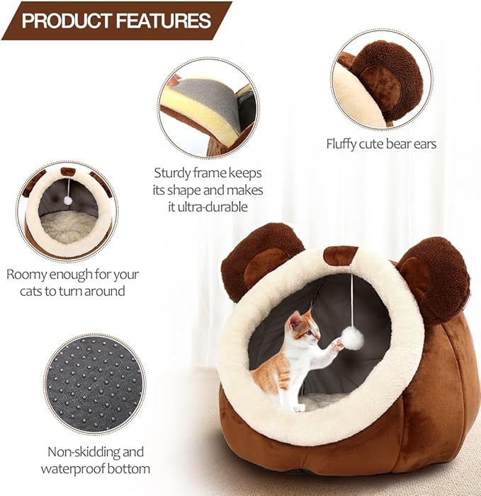Lcybem Cat Beds for Indoor Cats - Cat Bed Cave with Removable Washable Cushioned Pillow, Soft Plush Premium Cotton No Deformation Pet Bed, Roomy Bear Cat House Design, Multiple Sizes-L