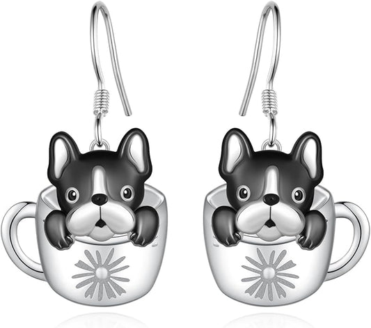 Black Cat Earrings 925 Sterling Silver Mushroom Cat/Black Cat/Panda/Sloth/Capybara/Boston Terrier/Shih Tzu Dangle Earrings Cute Animal Drop Earrings Jewelry Gifts for Women