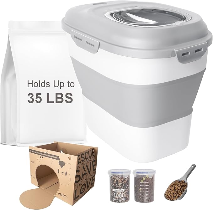 35LBS Collapsible Dog Food Storage Container, Pet Dog Pantry Large Containers Bin with Wheels,Scoop & 2pcs Food Storage Containers, Kitchen Cereal Flour Rice Leakproof Dry Holder-Grey