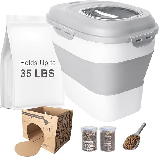 35LBS Collapsible Dog Food Storage Container, Pet Dog Pantry Large Containers Bin with Wheels,Scoop & 2pcs Food Storage Containers, Kitchen Cereal Flour Rice Leakproof Dry Holder-Grey