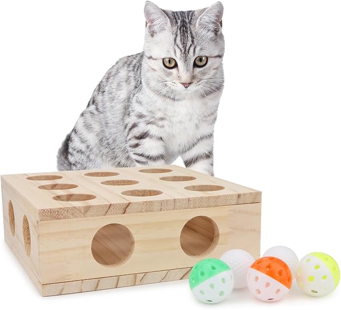 Hypeety Interactive Cat Toy Puzzle Box Wooden Treat Maze Scratcher Peek Play Toy Box Fun Interactive Cat Toy Fun Hide and Seek Cat Agility Toys