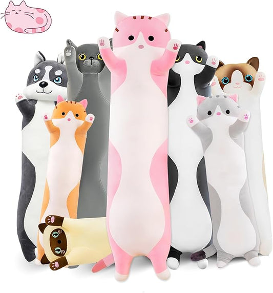 Long Cat Plush Pillow, 51.1in Cute Pink Cat Plushie Stuffed Animals Body Pillow, Kawaii Kitten Soft Plushie Doll Toy Birthday Gift for Kids Girlfriend