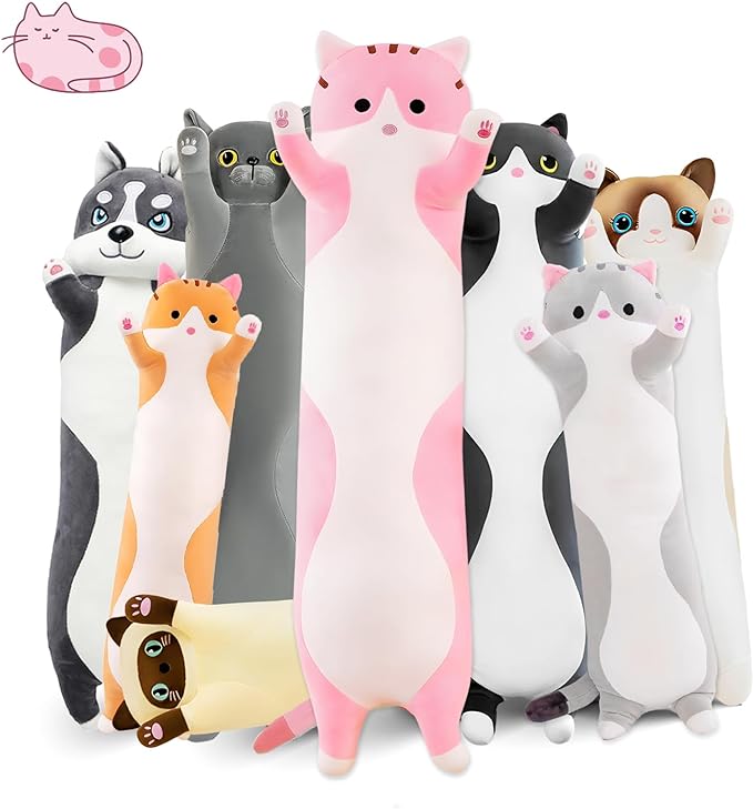 Long Cat Plush Pillow, 35.4in Cute Pink Cat Plushie Stuffed Animals Body Pillow, Kawaii Kitten Soft Plushie Doll Toy Birthday Gift for Kids Girlfriend