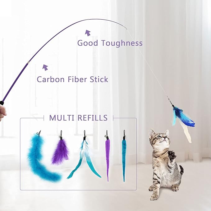 SONGWAY Interactive Cat Feather Toys - 7 Pcs Cat Toy Set, Retractable Cat Wand Toy, Teaser Refills Worm Bird Feathers with Bell, Cat Teaser Toys for Indoor Cats Kitten Play Chase Exercise, Blue