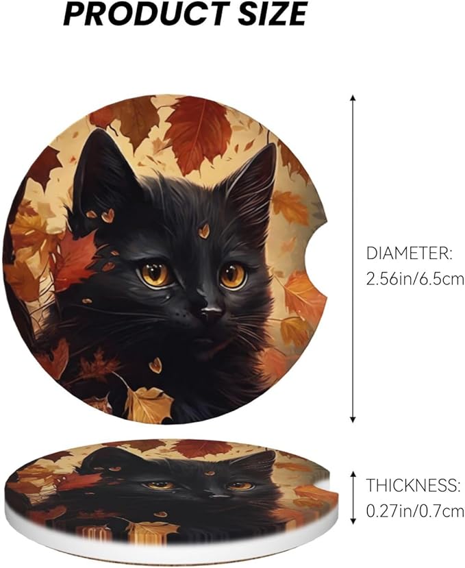 Absorbent Ceramic Car Coasters for Cup Holders, Black Cat Fall Leaf Design 2.56" Anti Slip Universal Drink Cup Coasters for Women Men (2 Pack)