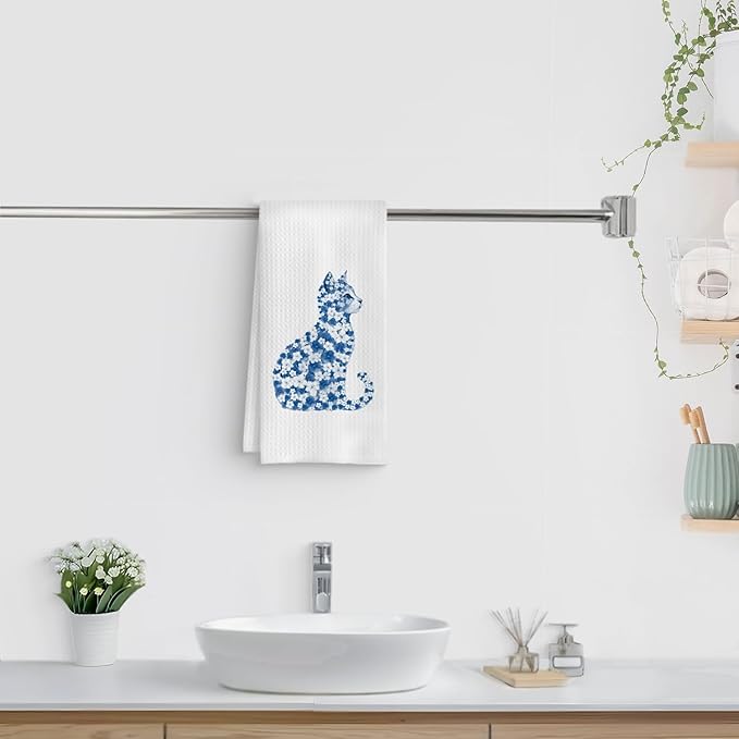 Blue Floral Cat Kitchen Towels, Cat Lovers Mom Lady Gifts Hand Towels for Bathroom, Kitty Kitten Dish Tea Towels for Kitchen Decor, 16x24 Inch