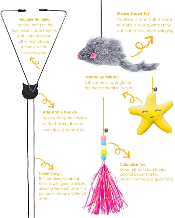 Mice Toys for Indoor Cats - 3 Pack Hanging Door Cat Toys with Tassel - Retractable Cat Toy with Rope Mouse Starfish Caterpillar - Interactive Cat Teaser Toy for Indoor Kitten Play Chase Exercise