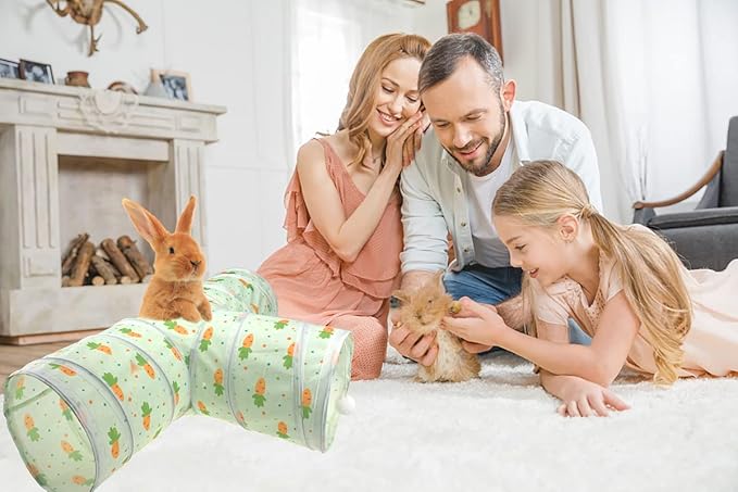 Vehomy Bunny Rabbit Tunnels Rabbit Cat 3 Way Collapsible Tunnel with Cute Carrot Patterns Small Pet Hideout Activity Tunnel Tube Toy for Bunny Kitten Cat Dwarf Guinea Pig T Shape