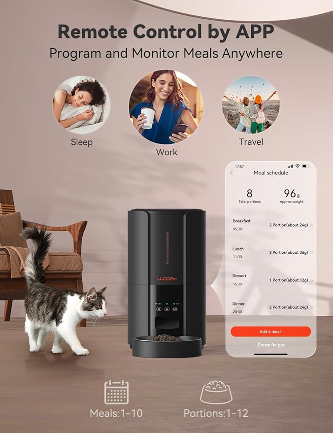 WOPET Automatic Cat Feeders,5L WiFi Pet Feeder with APP,Schedule Feeding Pet Dry Food Dispenser for Cats,10s Voice Recording,Up to 10 Meals per Day,Black