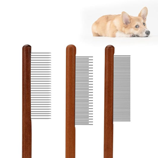 3pcs Grooming Comb for Pets, Solid Wooden Cat Combs with Wide & Narrow Rounded-Tip Teeth Pet Hair Comb Metal Flea Lice Tick Comb for Cats Dogs Rabbits Tangled Hair (3 Sizes）