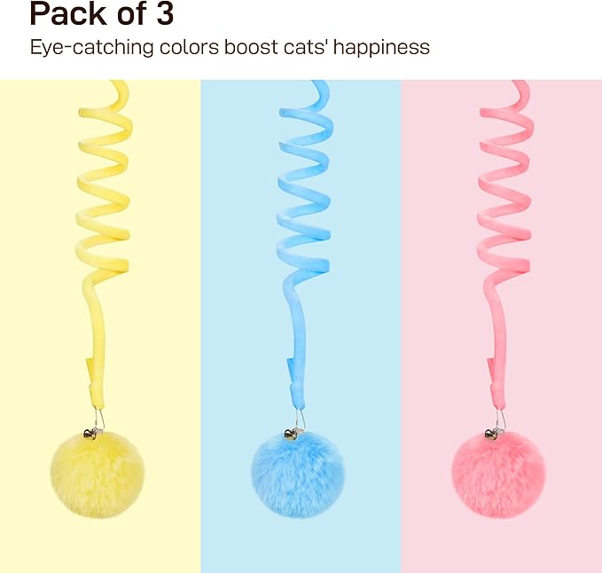 Potaroma Hanging Fluffy Cat Catnip Ball Toys 3 Pcs with Bell, Interactive Cat Teaser Retractable, Cat Toys Indoor Kitten Play Chase Exercise Physical Stimulation