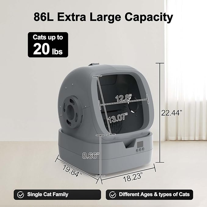 Automatic Cat Litter Box Self Cleaning - APP Control and Weight Monitoring - 86L Ultra-Quiet, Multi-Cat Litter Box - Smart Health Monitor, Safe Anti-Pinch, Self Cleaning Litter Box (Assembly Required)