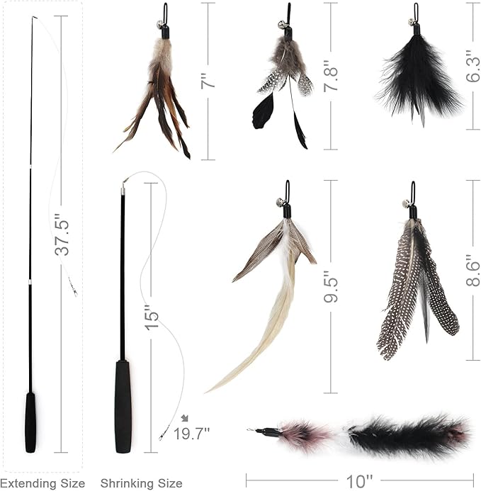 SONGWAY Interactive Cat Feather Toys - 7 Pcs Cat Toy Set, Retractable Cat Wand Toy, Teaser Refills Worm Bird Feathers with Bell, Cat Teaser Toys for Indoor Cats Kitten Play Chase Exercise, Black