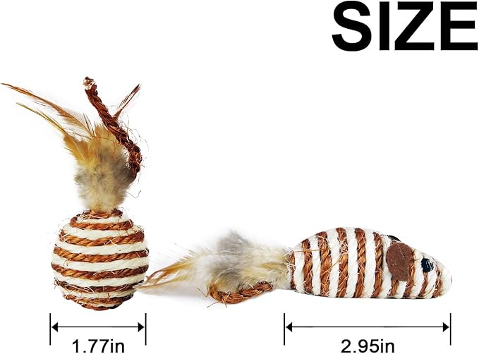 Cat Toys Set with Sisal Rope & Feathers Ball and Mouse - 2 Pack, Interactive Toys for Indoor Cats,Kittens