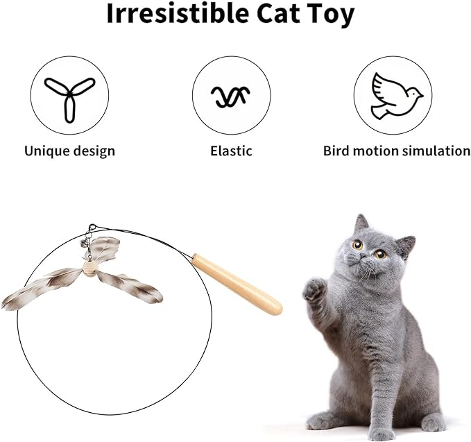 FUKUMARU Cat Wand Toy, 35.5 Inch Cat Feather Propeller Toy with Bell, Steel Wire Cat Toy for Indoor Cats with Natural Feather