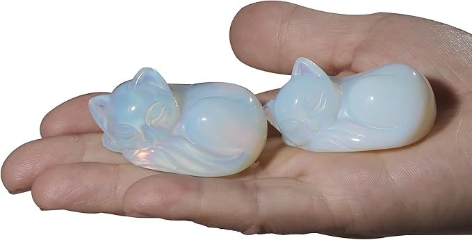 2" Sleeping Cat Statue Opalite Healing Crystals Hand Carved Cute Kitten Figurine, Worry Stone for Anxiety Relif Home Desk Decor Animal Figurine (Opalite)