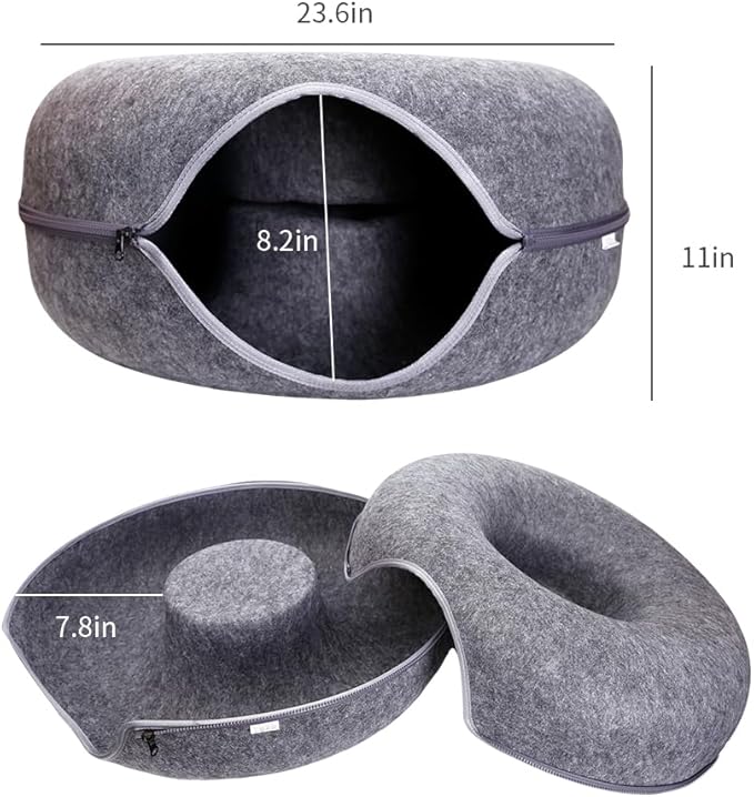 Cat Tunnel Bed for Indoor Cats, Scratch Resistant Donut Cat Bed Cave, Indoor Cat Hideout, Detachable Round Felt & Washable Interior Cat Play Tunnel for Small Pets