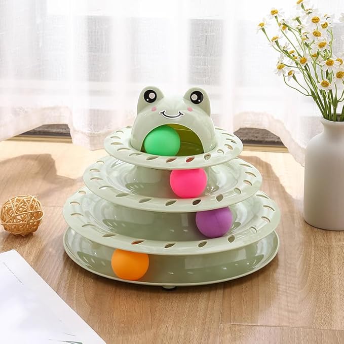 Suhaco Interactive Cat Toys for Indoor Cats Fun Roller 4 Level Cat Tower with Cute Stickers Turntable Kittens Ball Teaser Toy (Green)