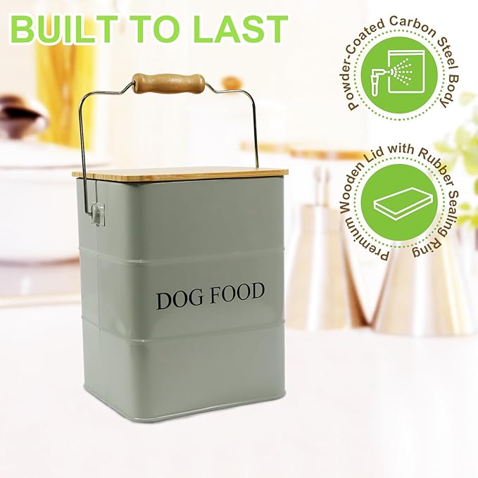 Dog Food Storage Container Dog Treats Jar, Metal Food Treats tin for Dog, pet Snacks Canisters with Wooden lid/Handle/sevice Scoop,Hold 5-6 lbs-Green