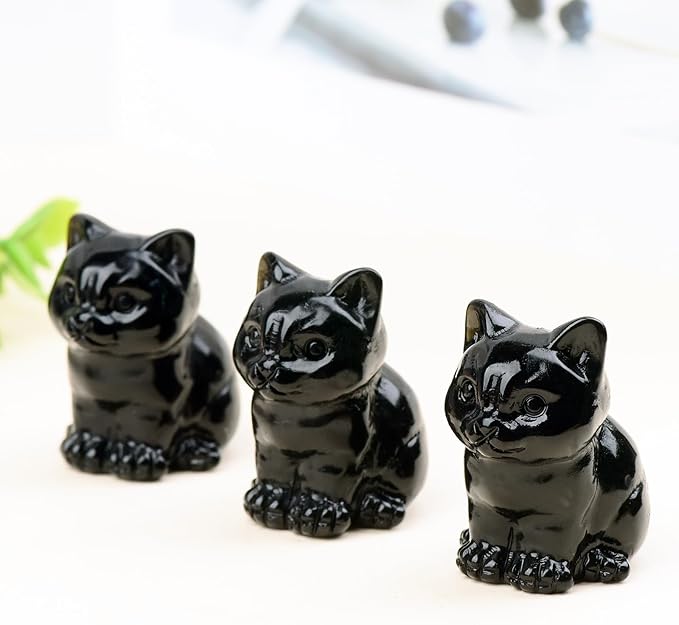 Black Obsidian Cat Crystal Statues, Healing Crystal Kitty Figurine Decorations, Black Cat Gift Lucky Cute Kitten Figurines, Handcrafted Crystal Figurine for Home Décor and Spiritual Protection