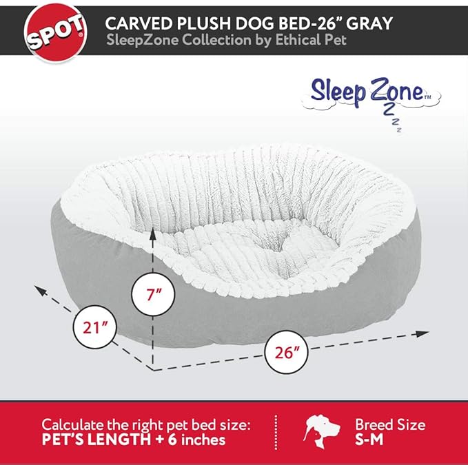 Sleep Zone Faux Suede Carved Plush Lounger, Cuddler, Napper Dog Bed - Fabric Bottom - 26X21 Inches / Grey / Attractive, Durable, Comfortable, Washable. By Ethical Pets