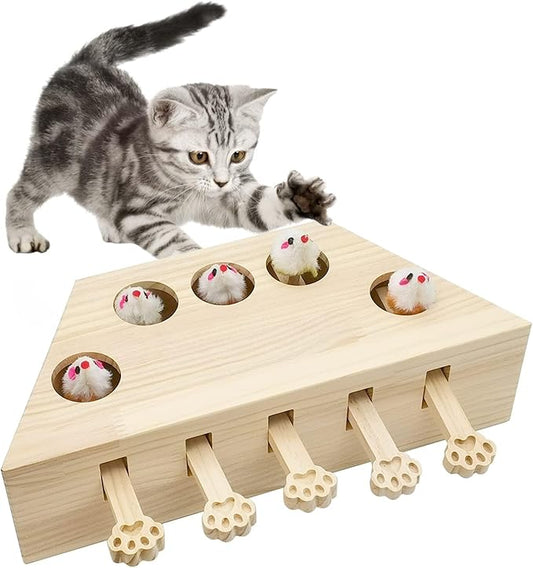 kathson Cat Enrichment Toys for Indoor Cats, Solid Wood Kitten Whack A Mole Interactive Box Catch Mice Game Cat Puzzle Toy for All Ages Cats Kittens Exercise Puzzle Relieve Boredom