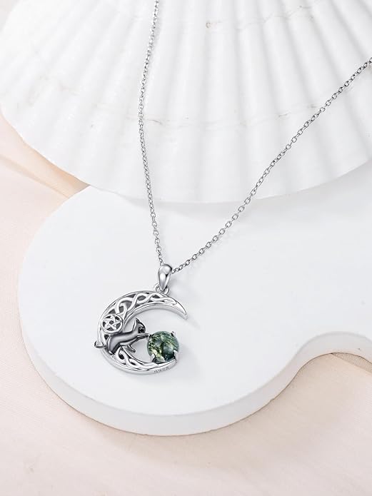 Black Cat/Dragon/Fox/Wolf Necklace 925 Sterling Silver Celtic Moon Pentagram Pendant Gothic Jewelry Goth Halloween Gifts for Women