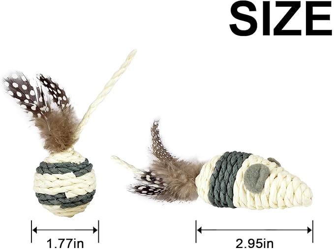 Cat Toys Set with Paper Rope & Feathers Ball and Mouse - 2 Pack, Interactive Toys for Indoor Cats,Kittens