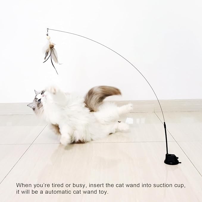 Cat Wand Toys with Suction Cup, Interactive Bird Simulation Cat Toy Set,Cat Teaser Cat Toys,Flexible Steel Wire and 3Pcs Replacement Feather Refills with Bells.