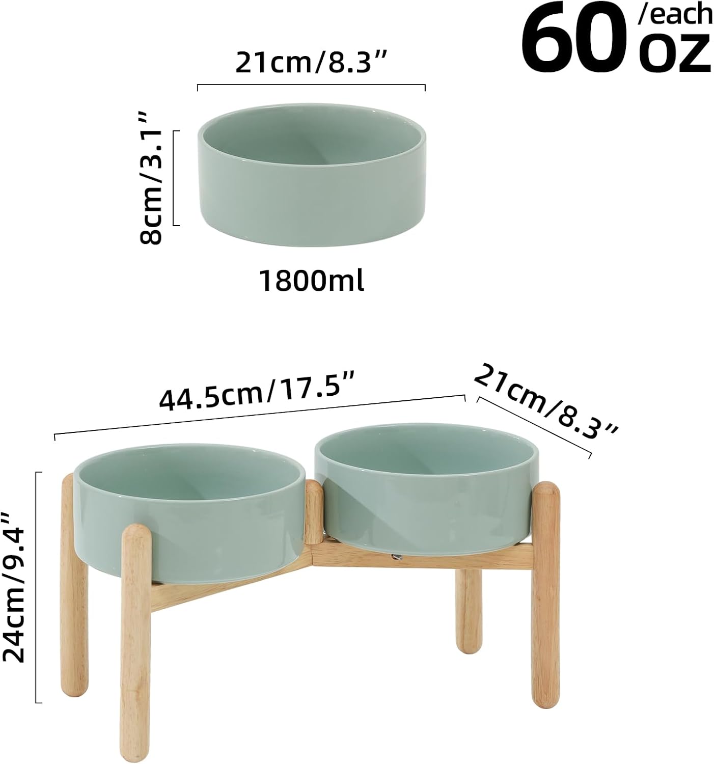 Ceramic 8.2inch Raised Dog Bowl with Stand for Large- Breed Dogs, Pet Food and Water Feeder (Double Bowl with Stand - Light Green)