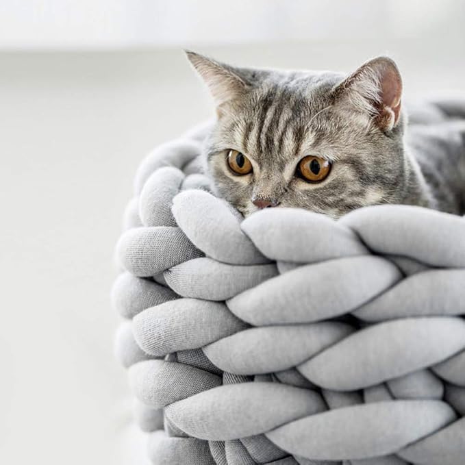 Lucky Monet Cat Basket Bed Cotton Knitted Round Pet Beds for Cats Cute Boho Cat Pet Bed Warm Woven Cat Nest for Puppy Kitten Cats Dogs (15.7", Light Gray)