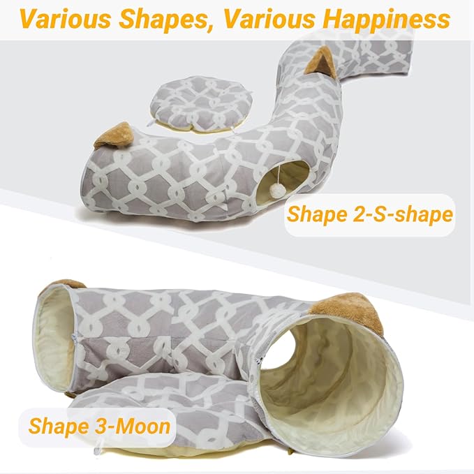 LUCKITTY Large Cat Tunnel Bed with Plush Cover,Fluffy Toy Balls, Small Cushion and Flexible Design- 10 inch Diameter, 3 ft Length- Great for Cats, and Small Dogs, Gray Geometric Figure