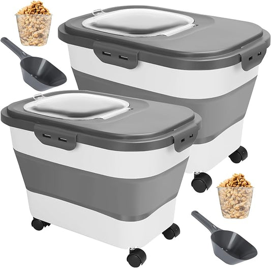 Dog Food Storage Containers 2 PCS(15/20 LB) Collapsible Dog Food Storage Container - with Measuring Cup &Scoop for Dog/Cat Food， (grey+grey)