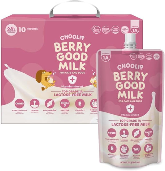 Berry Good Pet Milk. 10pk Vitamin-Infused Cat Milk, Dog, Kitten, Puppy Milk. Dog Bladder Support, Cat Kidney Support, Cat Urinary Supplement Cranberry, Omega 3, CoQ10, Glucosamine, Taurine