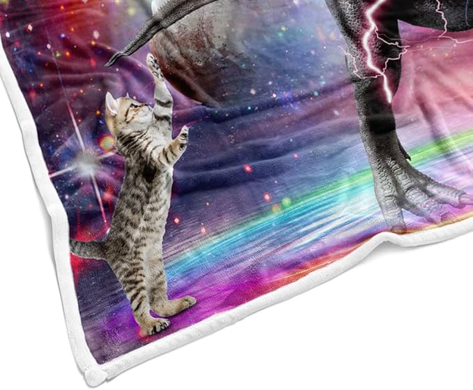 Funny Dinosaur Blankets, Farmhouse Cool Cat Riding Dino in Purple Galaxy Space Food Fleece Throw Blanket All Season Cozy Soft Lightweight Couch Sofa Bed Bedding