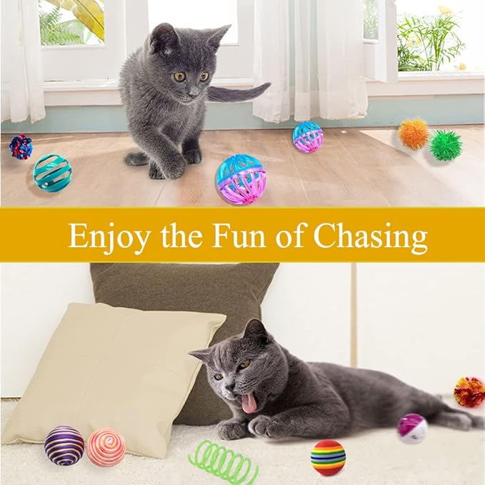 LASOCUHOO Cat Toys, Kitten Cat Ball Toys Assortments, Including Rainbow Ball, Crinkle Ball, Sparkle Ball, Bell Balls, Sisal Ball for All Cats 30 Packs