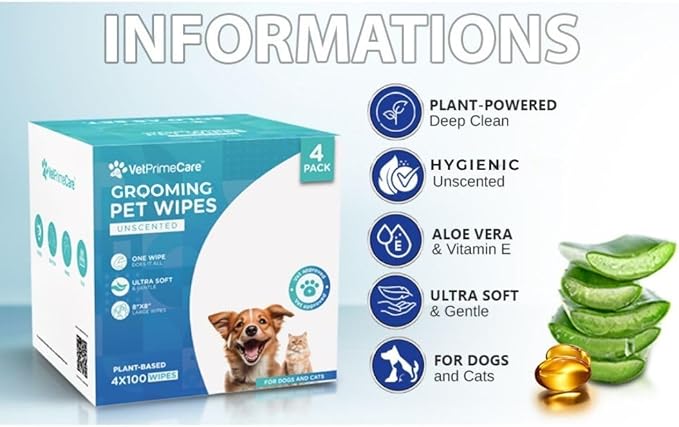 Pet Grooming Wipes for Dogs & Cats, 8” x 8” Plant-Based, Wipes for Cleaning & Deodorizing, Suitable for Pets Body Like Face, Paws, Belly, and Butt, Unscented - 400 Count