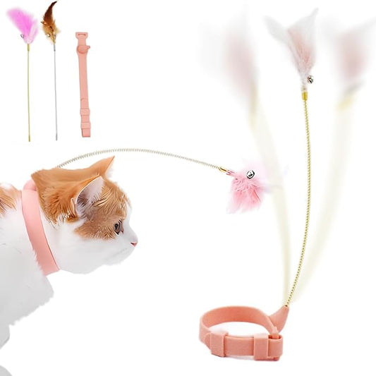 Cat Collar with Feather Toy Attached Interactive Cat Feather Wand Toy Kitty Teaser Toy Cat Neck Toy Hands Free Teasing Wand Feather Silicone Adjustable Collar for Indoor Cat Exercise