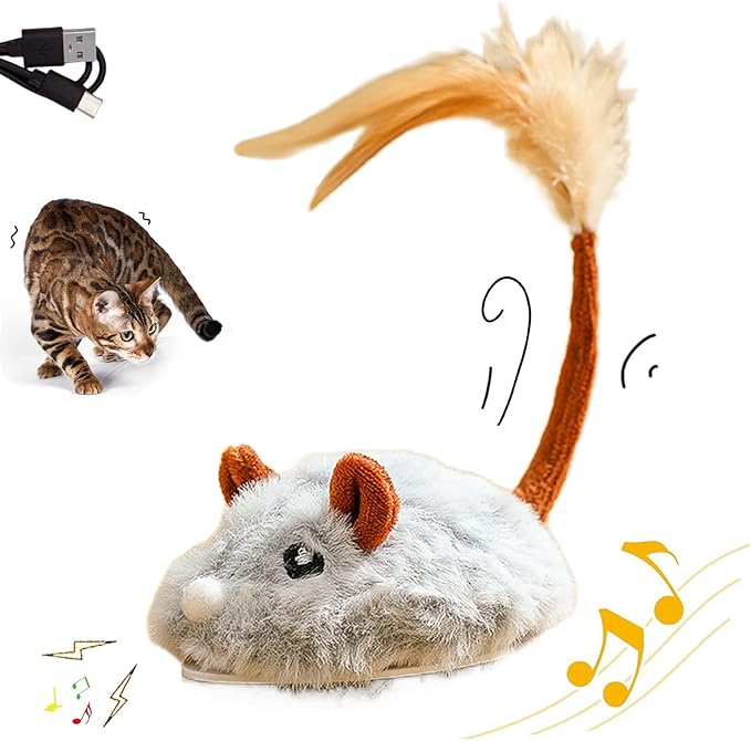 Interactive Cat Toy Mouse, Moving Mouse Automatic Cat Toys Electronic Mice, Rechargeable Squeaky Cat Mouse Toys for Kitten Indoor/Outdoor Exercise（Long Velvet）