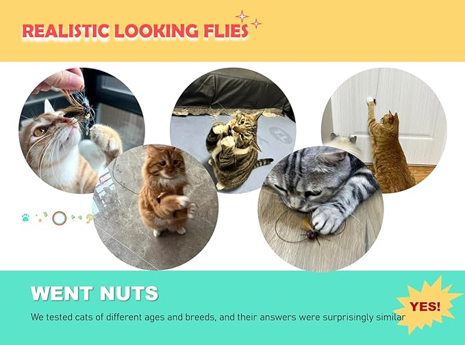 Cat Insect Feather Toys Replacement - 2 Pcs Handmade Natural Flies - Cat Toy Wand Refills - Interactive Kitten Teaser Wand Attachments - Cat Toys for Indoor Cats Play