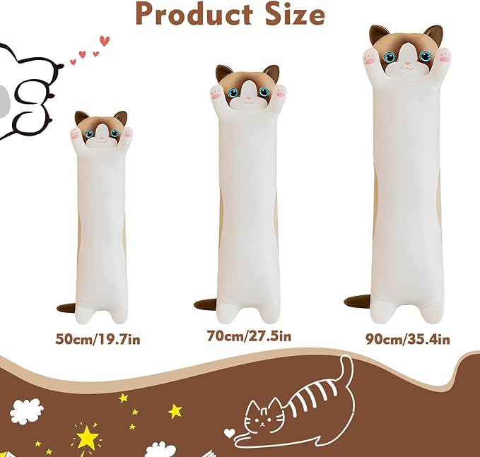 Long Cat Plush Pillow, 51.1in Cute White Cat Plushie Stuffed Animals Body Pillow, Kawaii Kitten Soft Plushie Doll Toy Birthday Gift for Kids Girlfriend