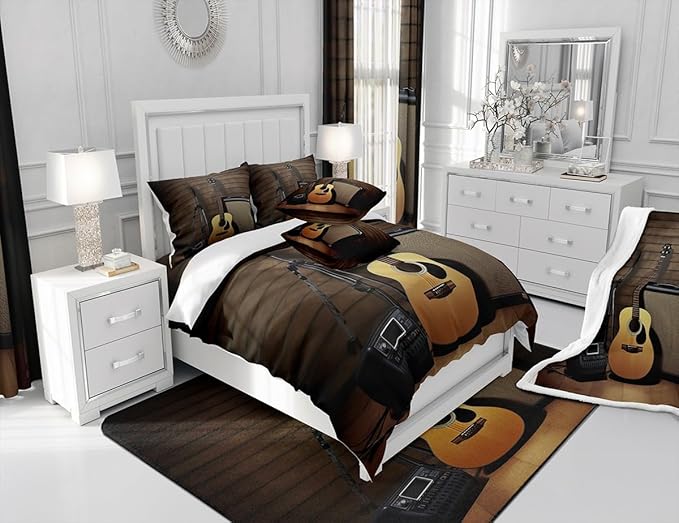 Guitar Fleece Throw Blanket Music Themed Guitar Plush Blanket for Sofa Couch Bed Guitar Instruments Print Sherpa Blanket Musical Pattern Microphone Fuzzy Blanket Room Decor Queen 90x90 Inch