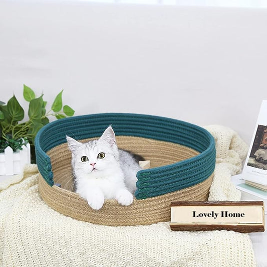 Cat Bed Cotton Rope Cat Beds for Indoor Cats Washable Dog Bed for Small Dogs Cat Scratching Board Pet Mat for Sleeping Four Seasons Universal (Green&Jute)