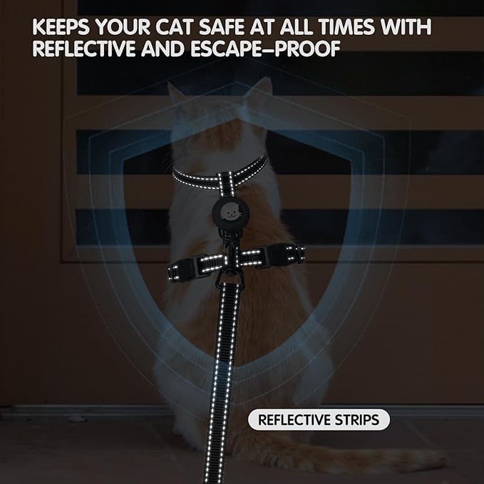 BINGPET Cat Harness and Leash Set Escape Proof for Walking,Adjustable Kitten Harness with Airtag Holder for Small Medium Large Cats,Easy Control Soft Harness with Reflective Stripes(Black Reflective)